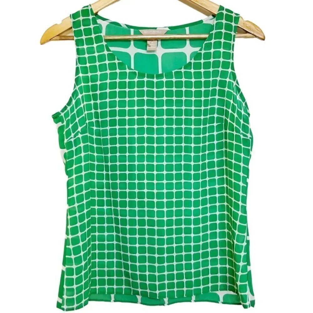 Banana Republic Sleeveless Square Mixed Print Blouse Green &โWhite Small Petite